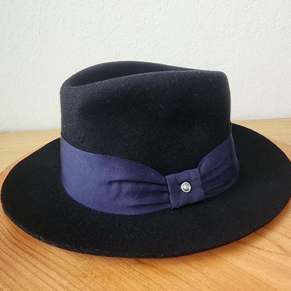 Rag & Bone Hat Fedora Fitted Womens L Black Wool Felt Navy Ribbon Band Spain